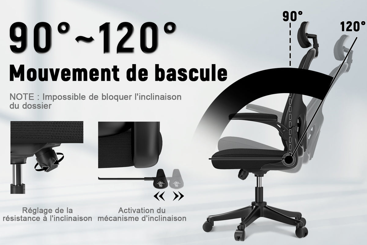 Chaise bureau ergonomique, siège de bureau à haut dossier, fauteuil de  bureau en maille respirante avec appuie-tête réglable, accoudoir reglable