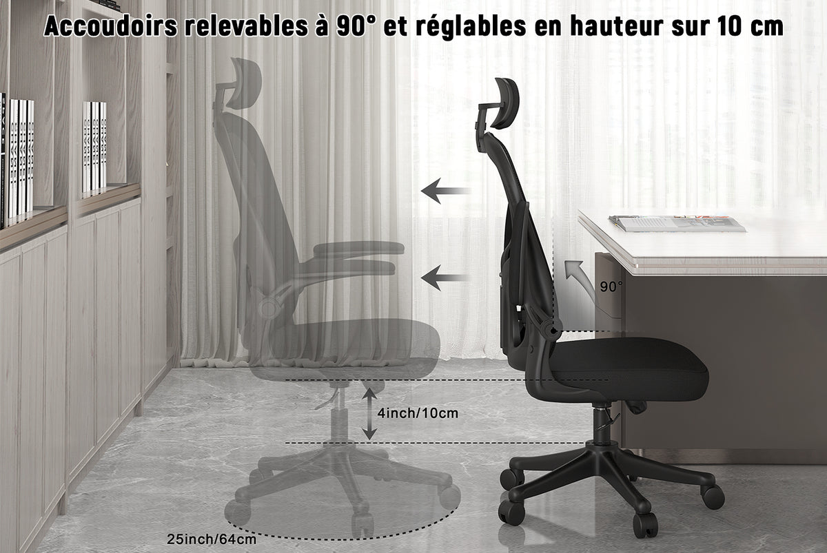 Chaise de Bureau Ergonomique - RATTANTREE Fauteuil - avec accoudoir  rabattable à 90° - Support Lombaire - Réglable en