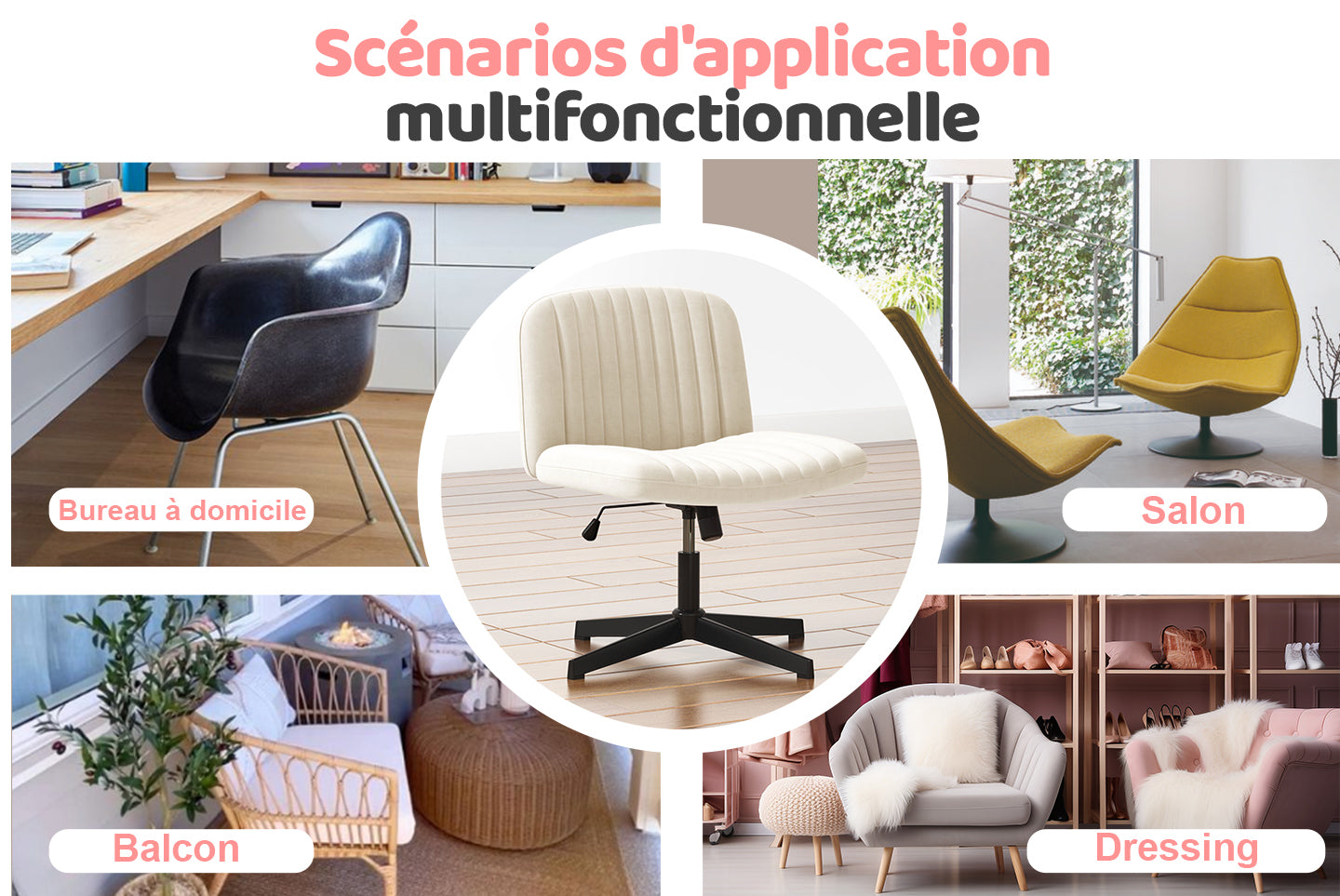 Chaise de Bureau Ergonomique à Pieds Croisés Chaise de Bureau Large Sans Bras avec Support Dorsal pour la Maison, le Bureau et la Chambre à Coucher