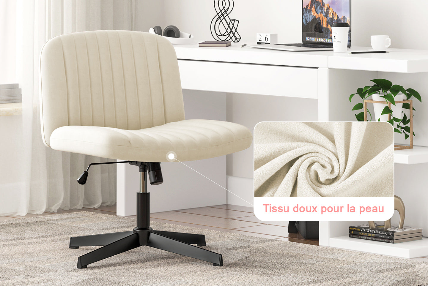 Chaise de Bureau Ergonomique à Pieds Croisés Chaise de Bureau Large Sans Bras avec Support Dorsal pour la Maison, le Bureau et la Chambre à Coucher