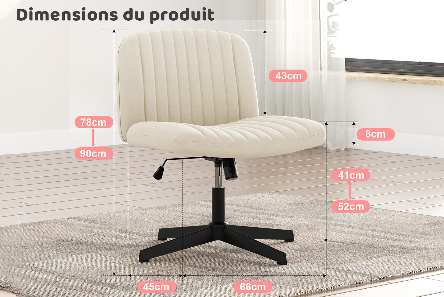Chaise de Bureau Ergonomique à Pieds Croisés Chaise de Bureau Large Sans Bras avec Support Dorsal pour la Maison, le Bureau et la Chambre à Coucher