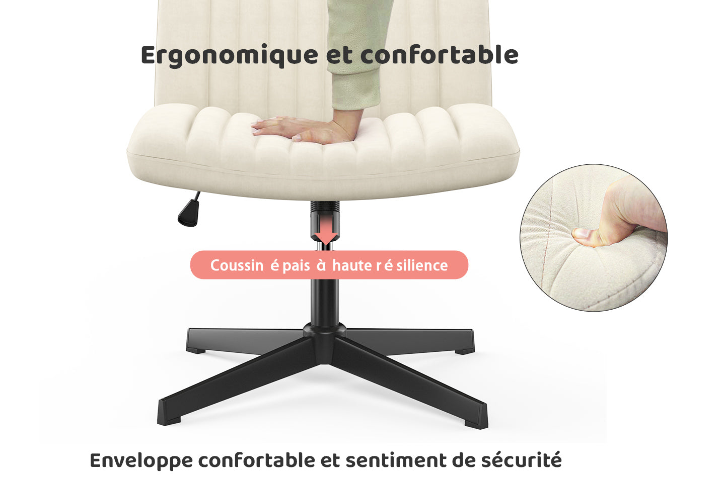 Chaise de Bureau Ergonomique à Pieds Croisés Chaise de Bureau Large Sans Bras avec Support Dorsal pour la Maison, le Bureau et la Chambre à Coucher