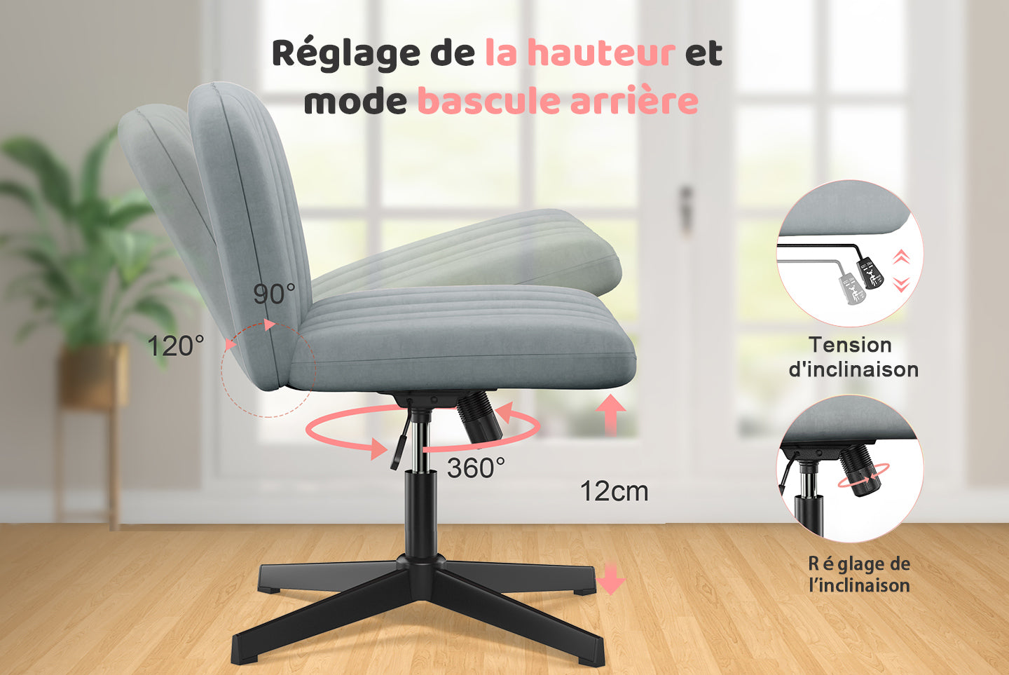 Chaise de Bureau Ergonomique à Pieds Croisés Chaise de Bureau Large Sans Bras avec Support Dorsal pour la Maison, le Bureau et la Chambre à Coucher