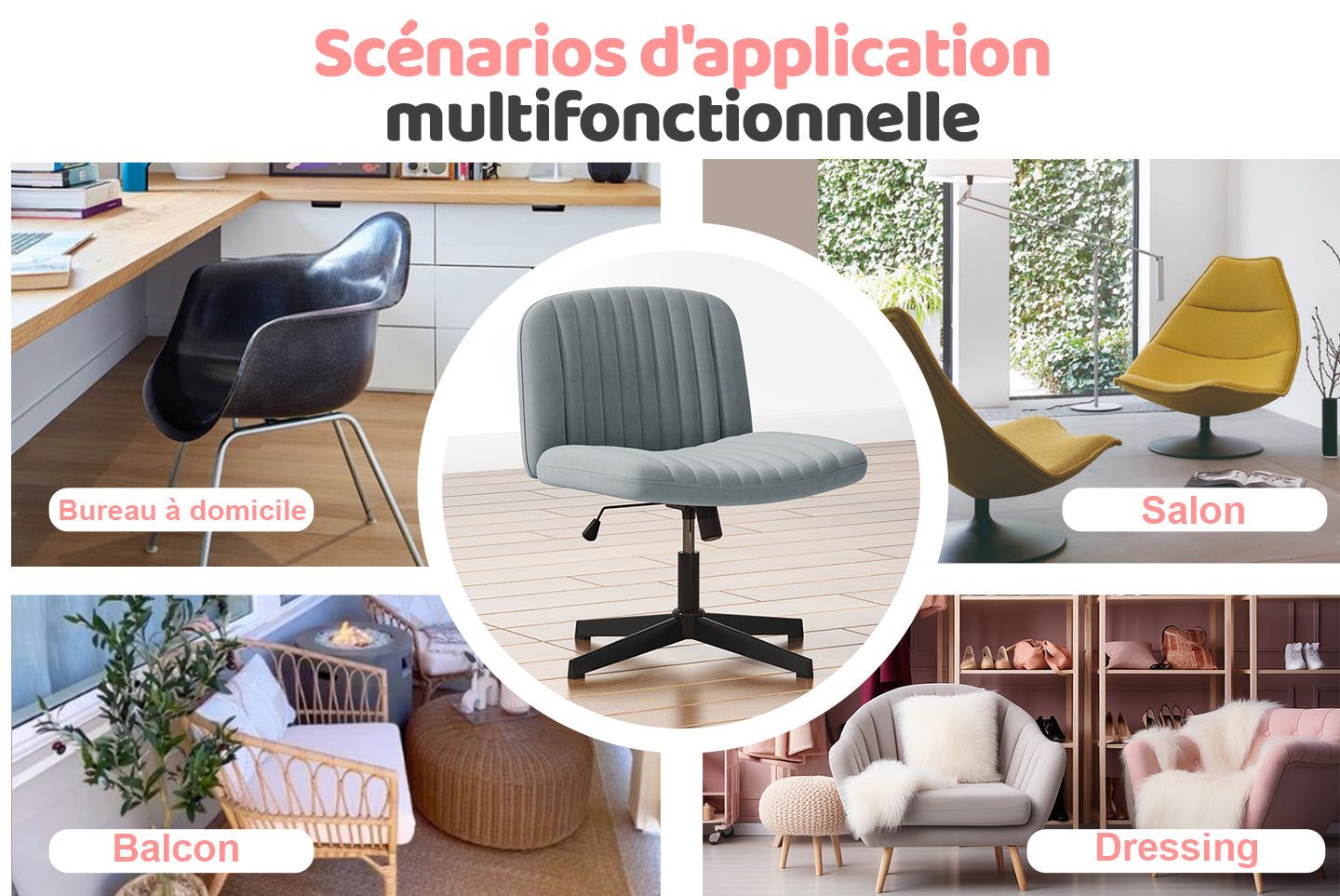 Chaise de Bureau Ergonomique à Pieds Croisés Chaise de Bureau Large Sans Bras avec Support Dorsal pour la Maison, le Bureau et la Chambre à Coucher