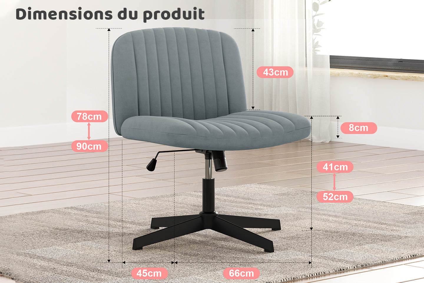 Chaise de Bureau Ergonomique à Pieds Croisés Chaise de Bureau Large Sans Bras avec Support Dorsal pour la Maison, le Bureau et la Chambre à Coucher