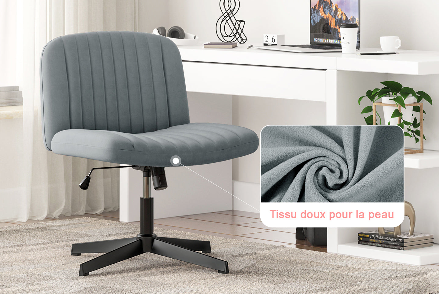 Chaise de Bureau Ergonomique à Pieds Croisés Chaise de Bureau Large Sans Bras avec Support Dorsal pour la Maison, le Bureau et la Chambre à Coucher