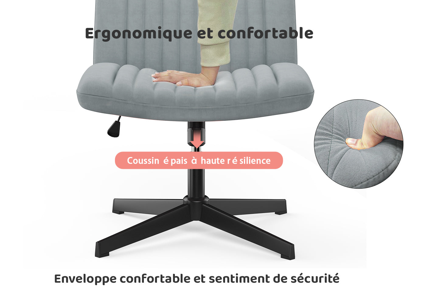 Chaise de Bureau Ergonomique à Pieds Croisés Chaise de Bureau Large Sans Bras avec Support Dorsal pour la Maison, le Bureau et la Chambre à Coucher