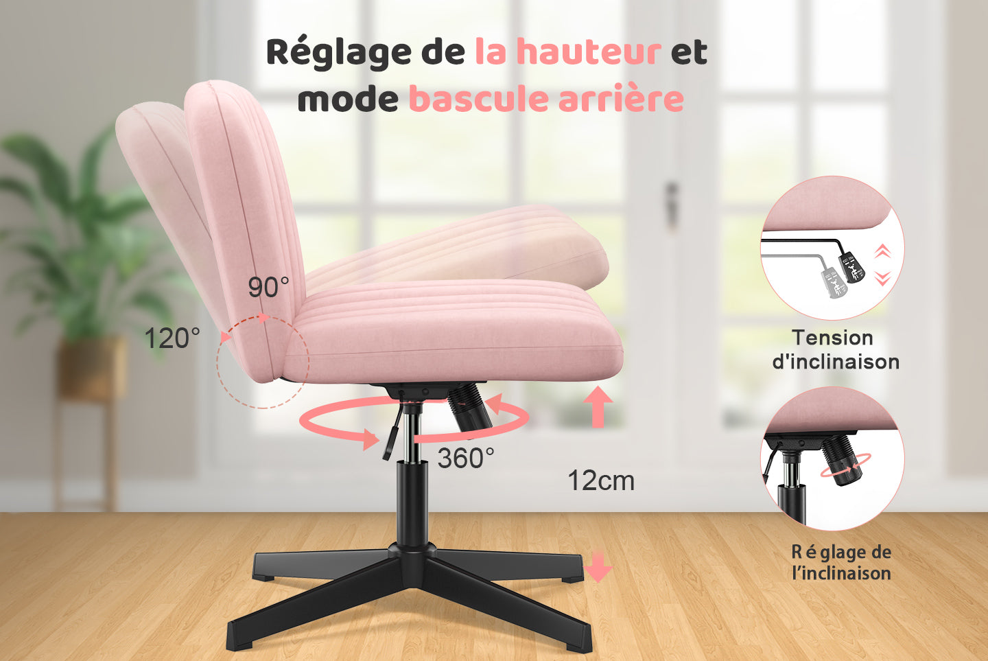 Chaise de Bureau Ergonomique à Pieds Croisés Chaise de Bureau Large Sans Bras avec Support Dorsal pour la Maison, le Bureau et la Chambre à Coucher