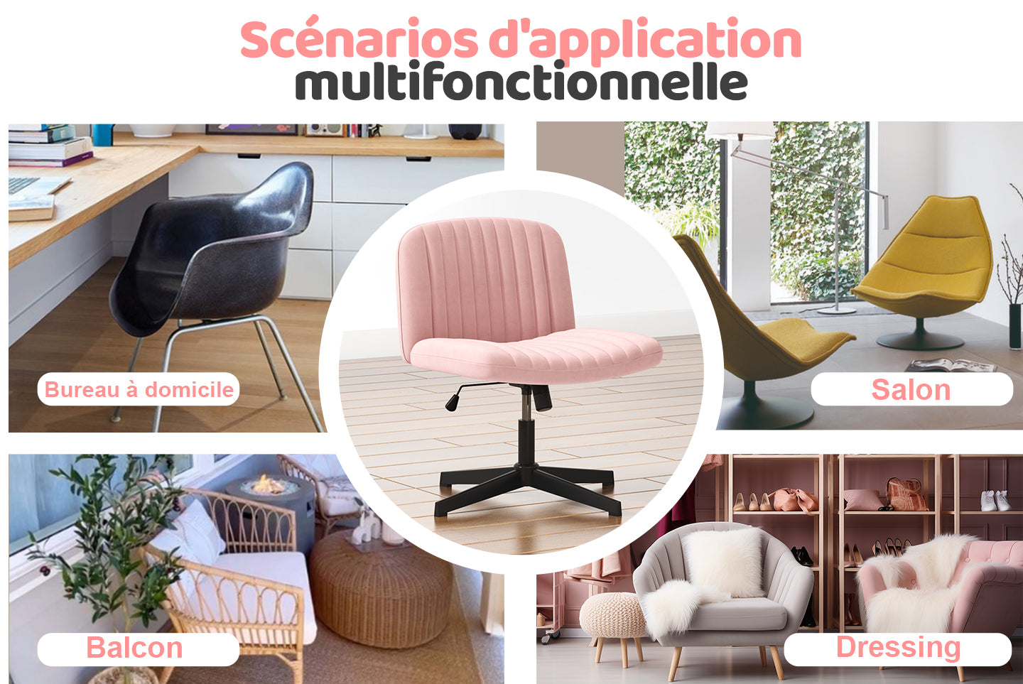 Chaise de Bureau Ergonomique à Pieds Croisés Chaise de Bureau Large Sans Bras avec Support Dorsal pour la Maison, le Bureau et la Chambre à Coucher