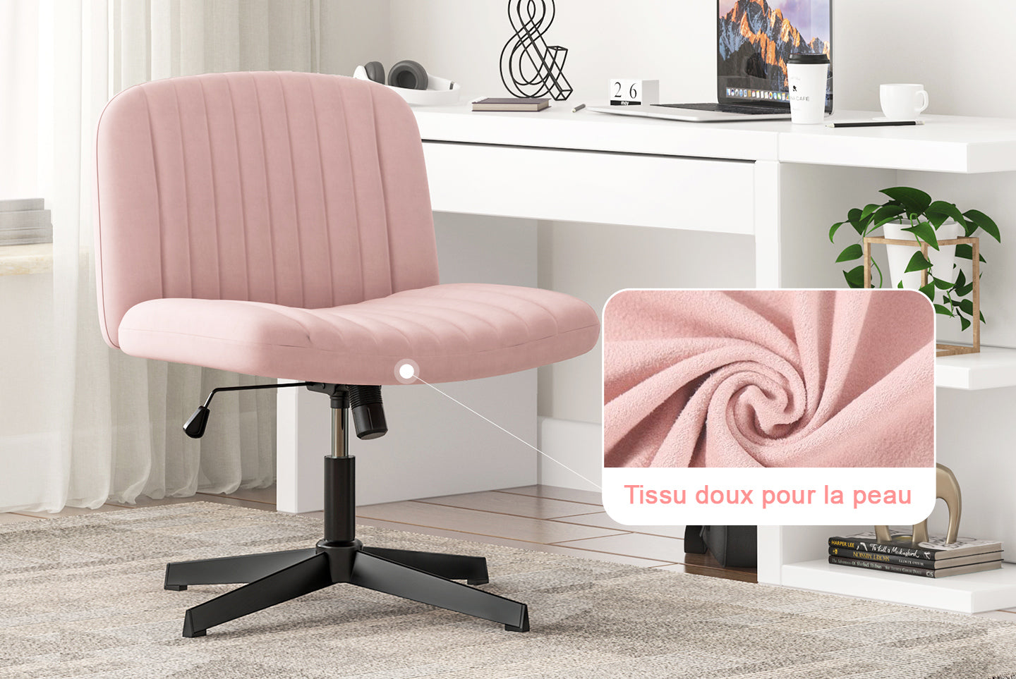 Chaise de Bureau Ergonomique à Pieds Croisés Chaise de Bureau Large Sans Bras avec Support Dorsal pour la Maison, le Bureau et la Chambre à Coucher