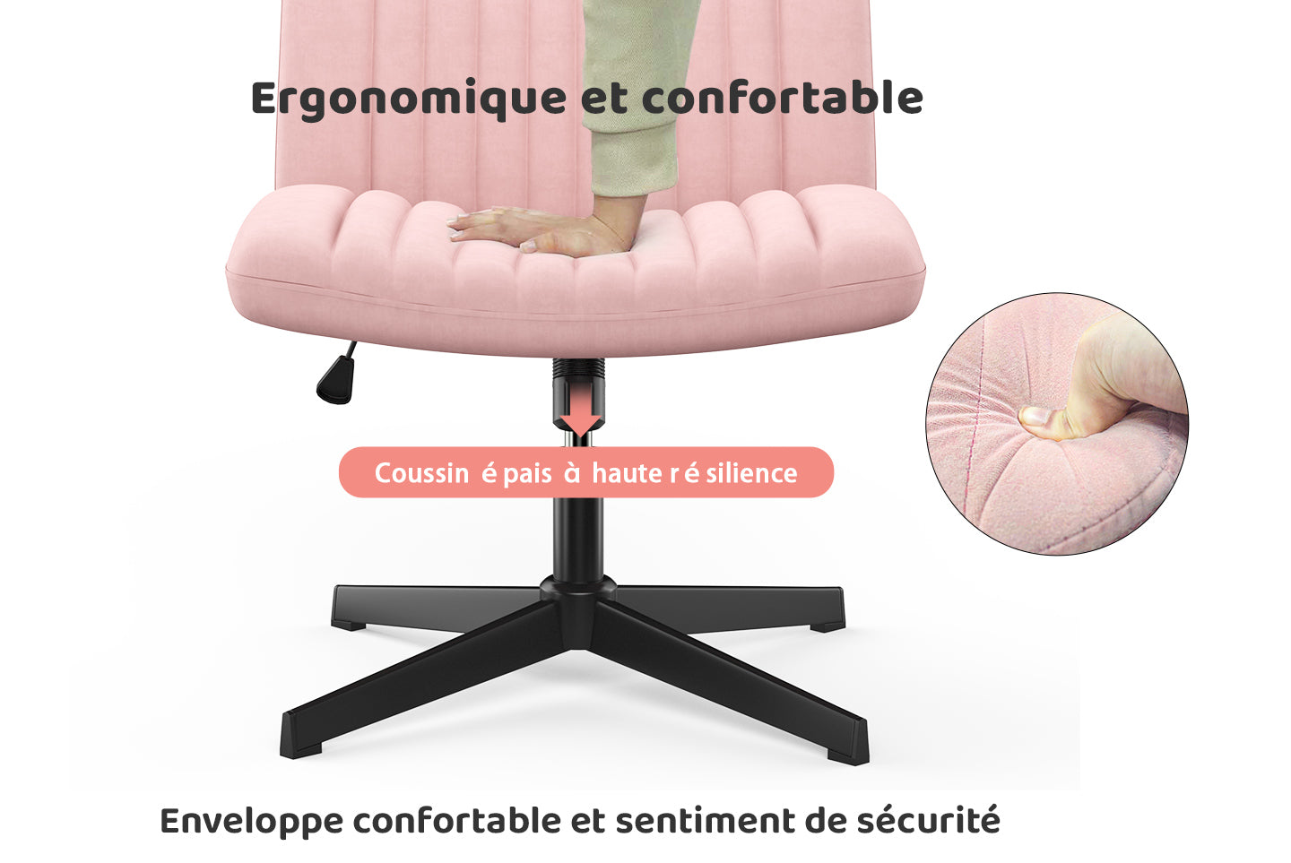 Chaise de Bureau Ergonomique à Pieds Croisés Chaise de Bureau Large Sans Bras avec Support Dorsal pour la Maison, le Bureau et la Chambre à Coucher