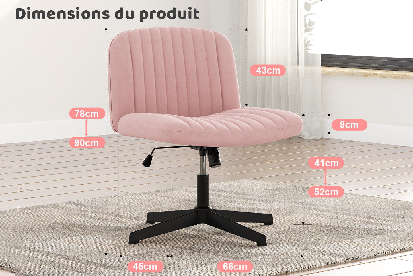 Chaise de Bureau Ergonomique à Pieds Croisés Chaise de Bureau Large Sans Bras avec Support Dorsal pour la Maison, le Bureau et la Chambre à Coucher