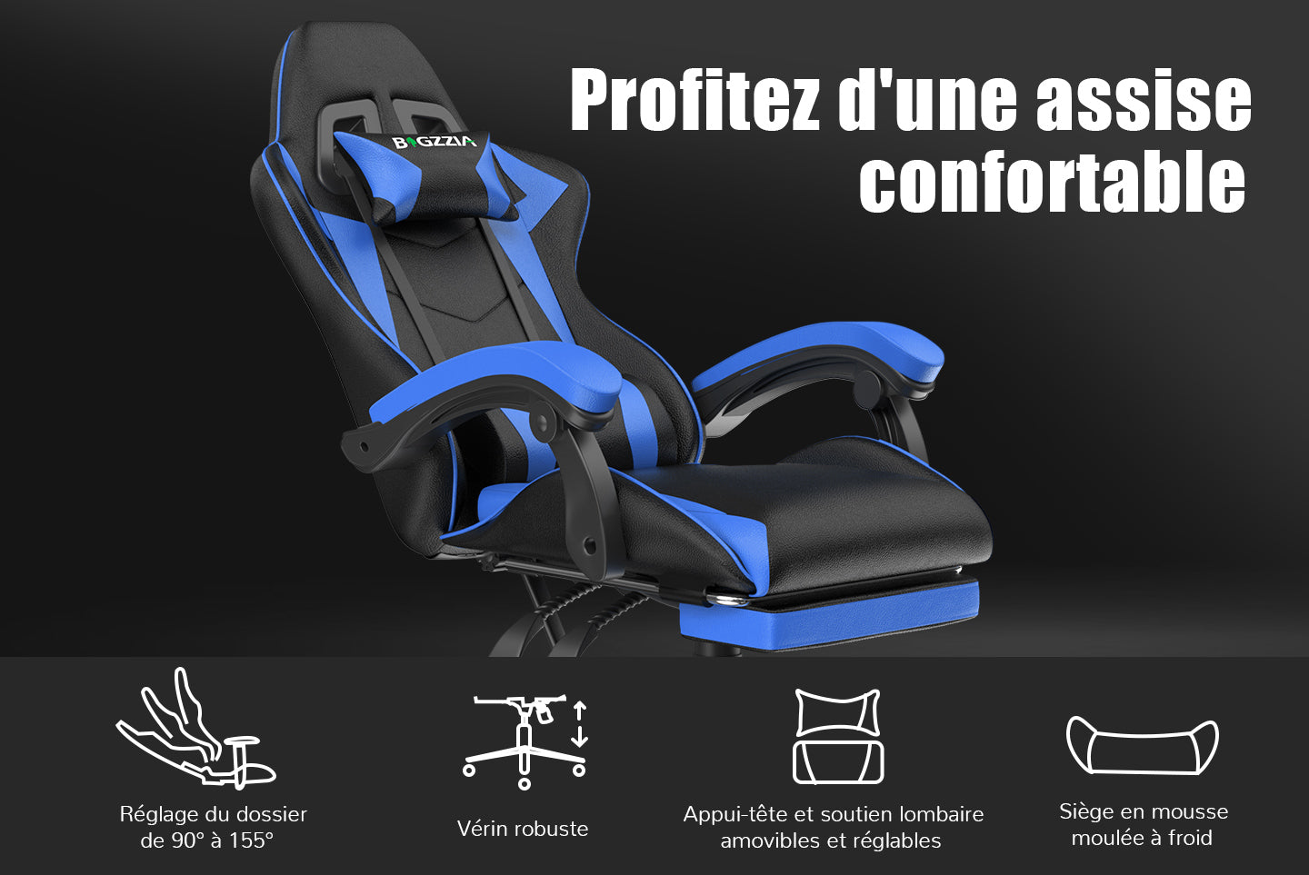 Chaise de Jeu Ergonomique Chaise Pivotante Inclinable à 155° avec Appui-tête, Support Lombaire Chaise de Bureau en Cuir PU
