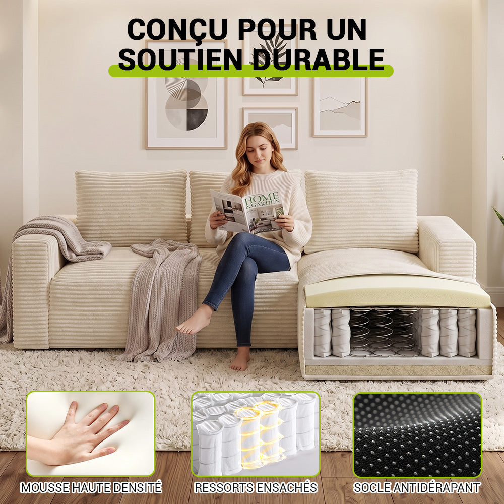 Canapé Modulaire D'Angle Sans Structure en Velours Côtelé Avec Méridienne, Sans Assemblage Requis