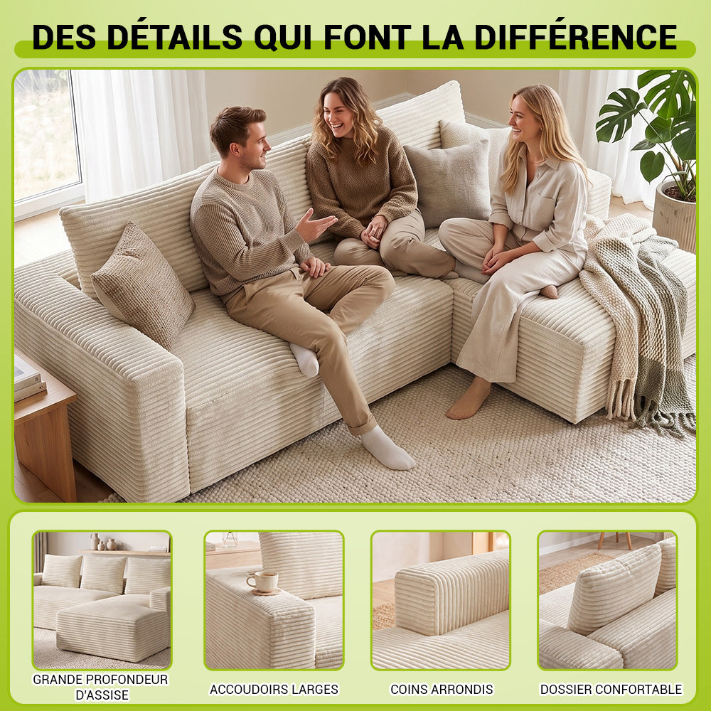 Canapé Modulaire D'Angle Sans Structure en Velours Côtelé Avec Méridienne, Sans Assemblage Requis