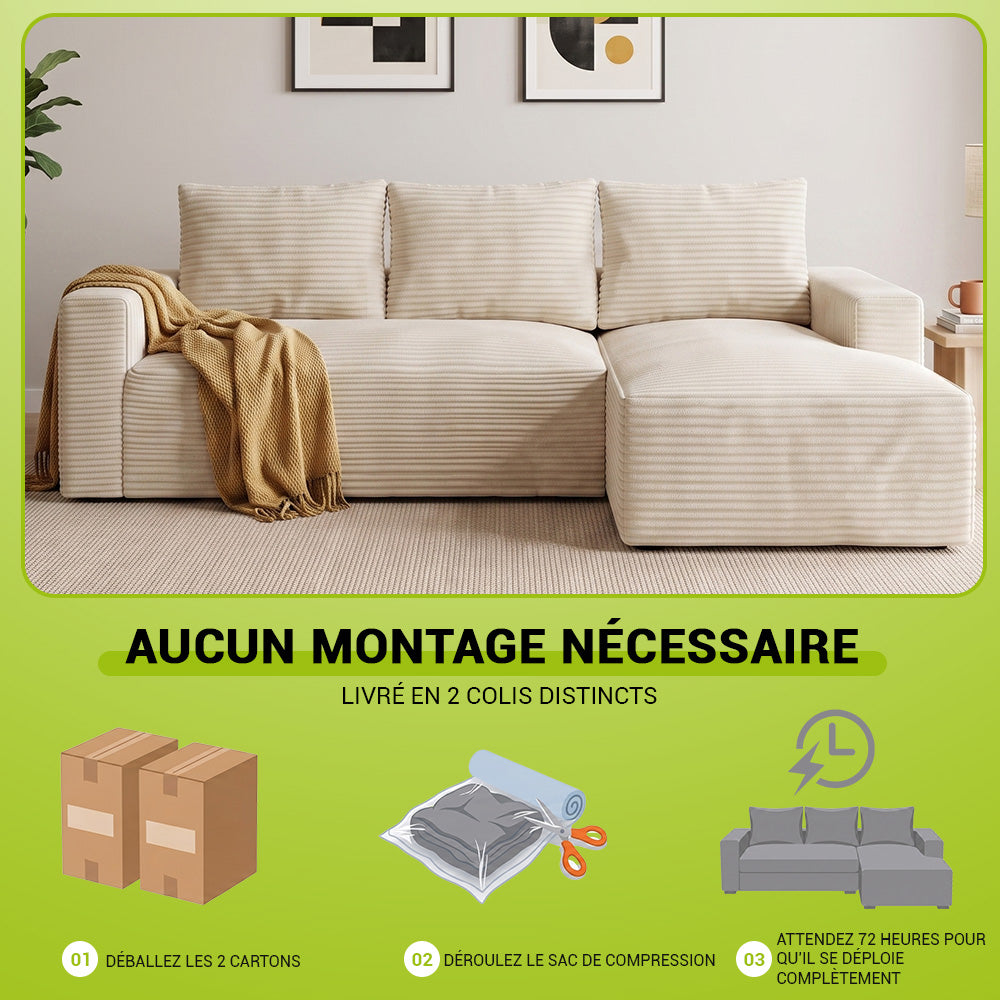 Canapé Modulaire D'Angle Sans Structure en Velours Côtelé Avec Méridienne, Sans Assemblage Requis