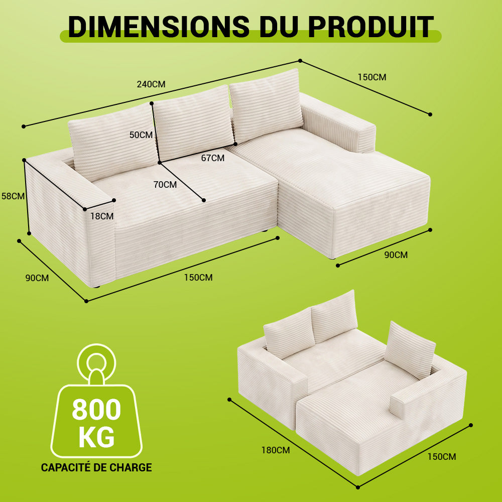 Canapé Modulaire D'Angle Sans Structure en Velours Côtelé Avec Méridienne, Sans Assemblage Requis