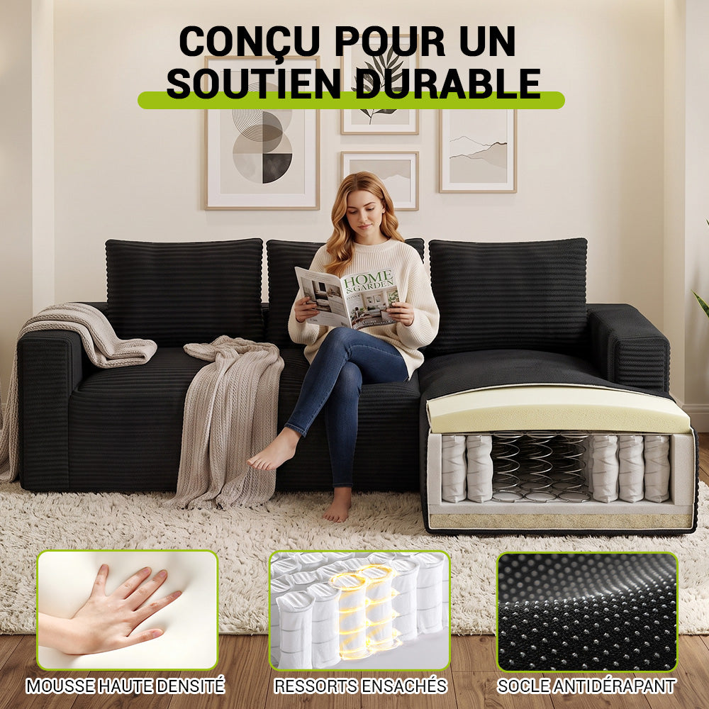 Canapé Modulaire D'Angle Sans Structure en Velours Côtelé Avec Méridienne, Sans Assemblage Requis