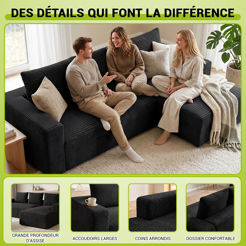 Canapé Modulaire D'Angle Sans Structure en Velours Côtelé Avec Méridienne, Sans Assemblage Requis