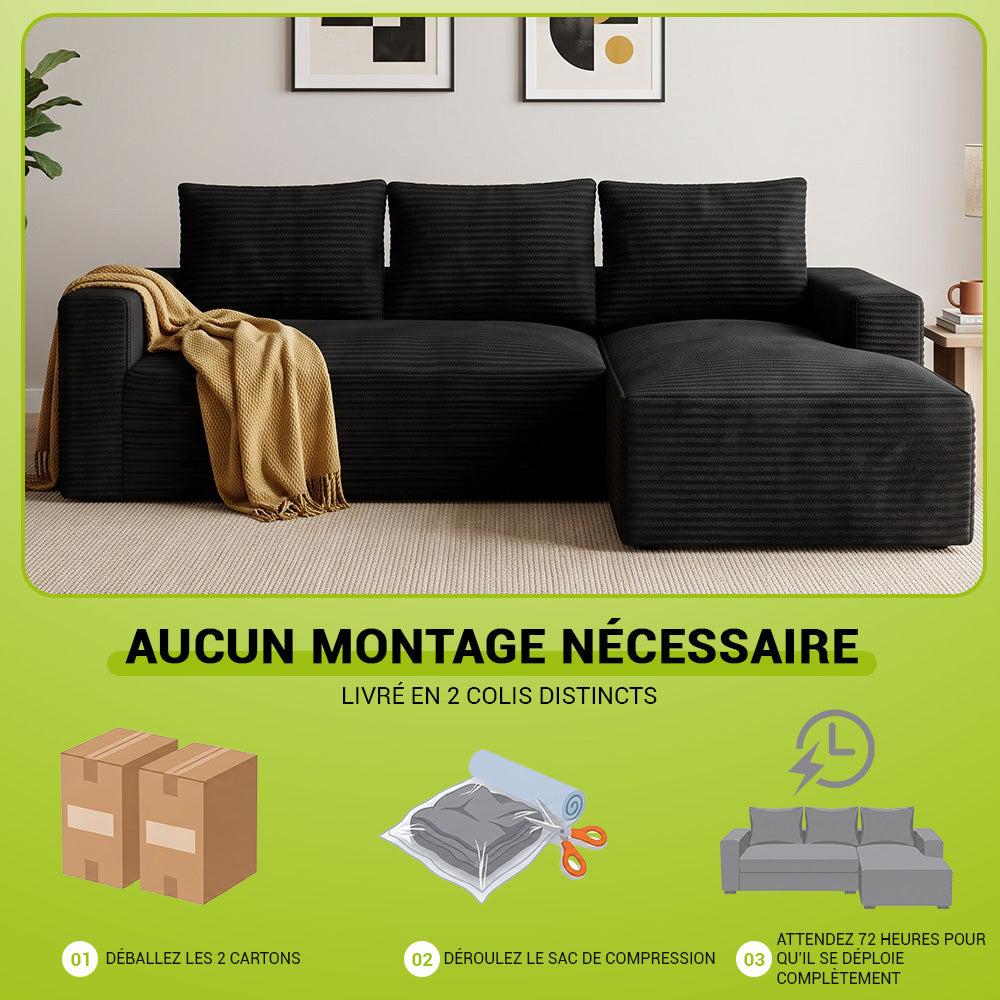 Canapé Modulaire D'Angle Sans Structure en Velours Côtelé Avec Méridienne, Sans Assemblage Requis