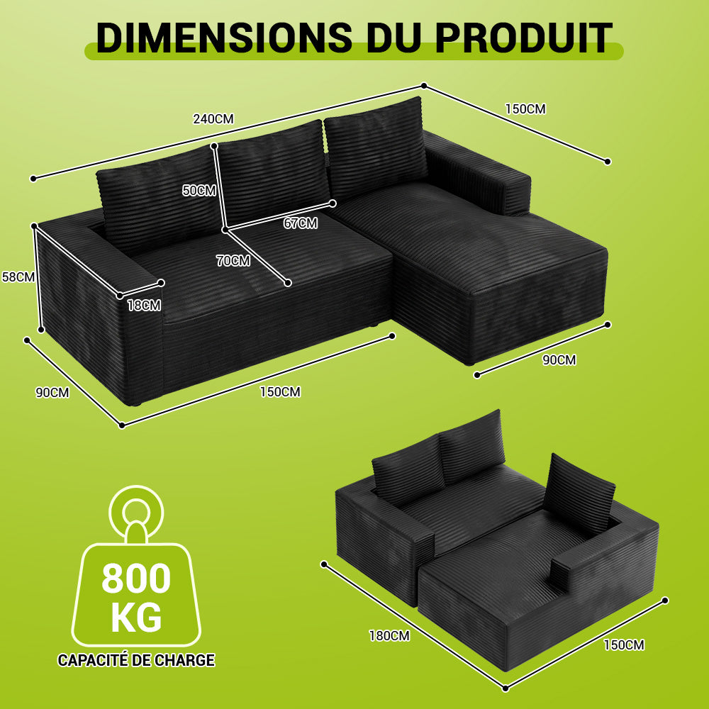 Canapé Modulaire D'Angle Sans Structure en Velours Côtelé Avec Méridienne, Sans Assemblage Requis