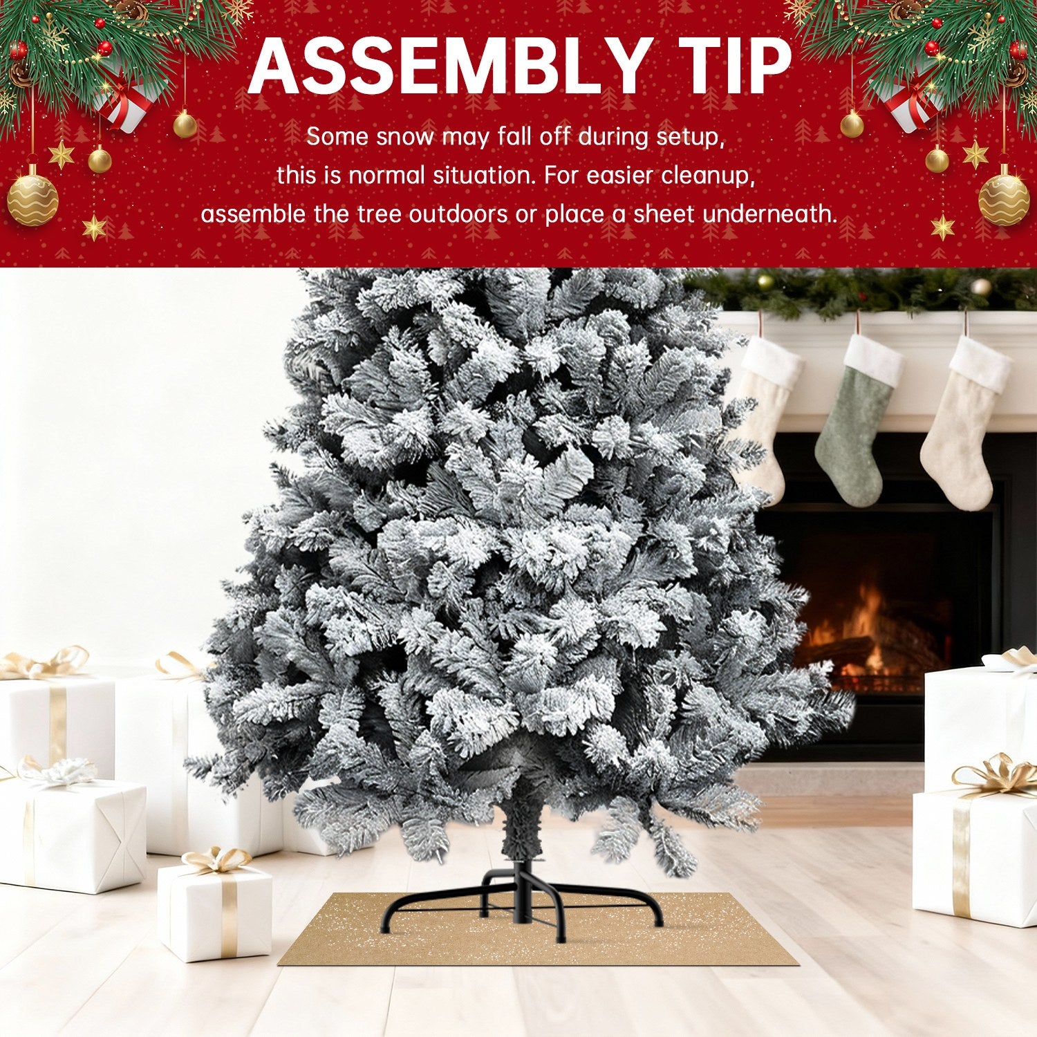 Sapin de Noël Artificiel, Sapin Pliable Floqué avec Support en Métal