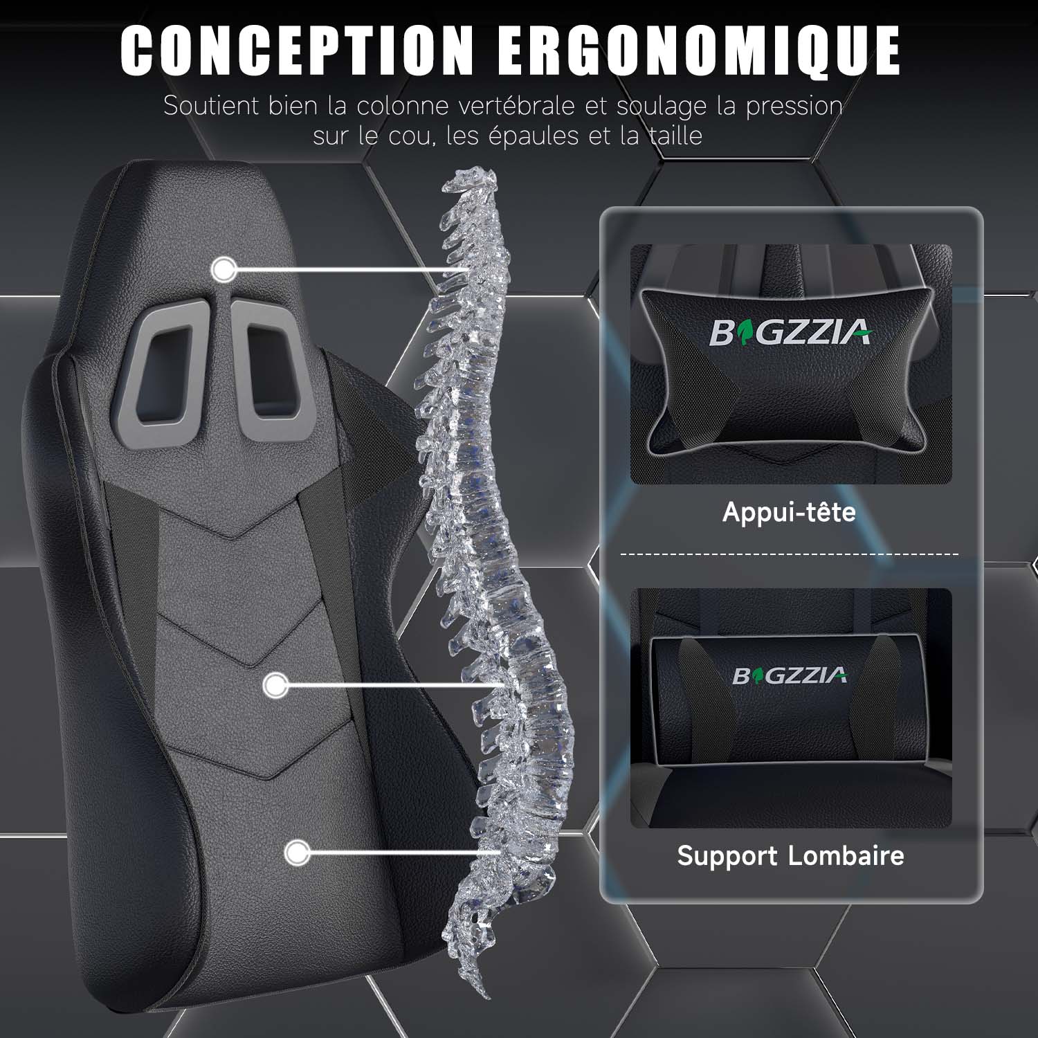 Chaise Gaming, Fauteuil Gamer, Siège de Bureau Réglable, Ergonomique, Appui-tête, Support Lombaire