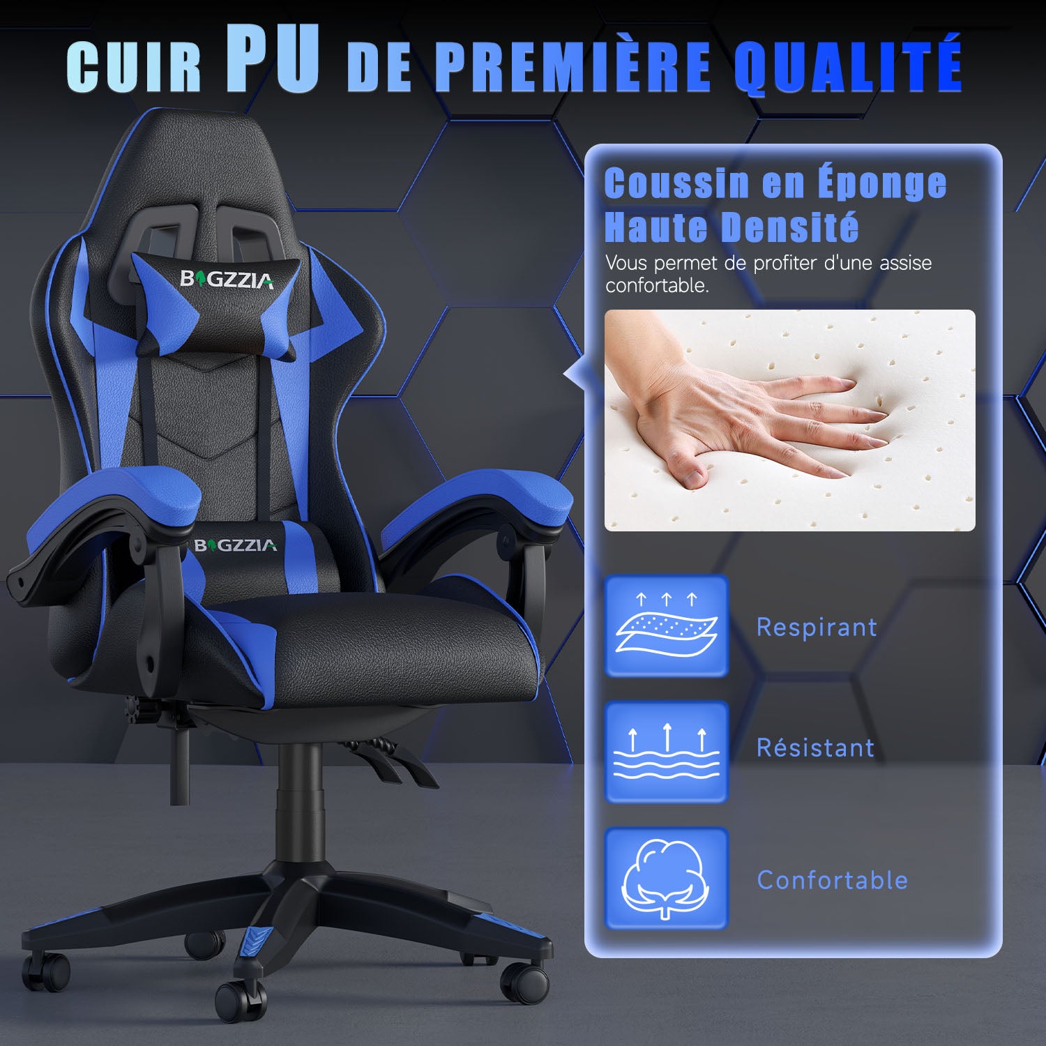 Chaise Gaming, Fauteuil Gamer, Siège de Bureau Réglable, Ergonomique, Appui-tête, Support Lombaire