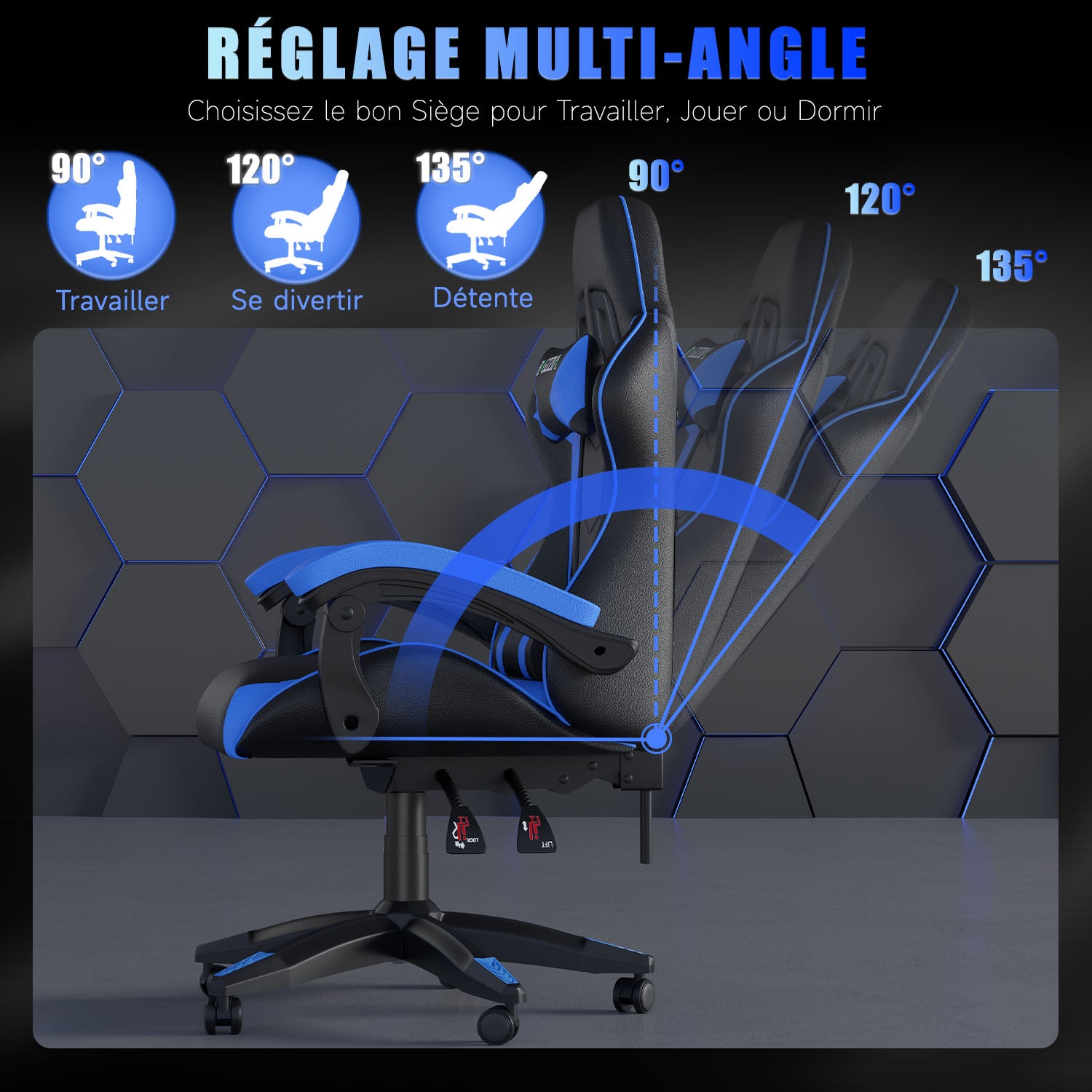 Chaise Gaming, Fauteuil Gamer, Siège de Bureau Réglable, Ergonomique, Appui-tête, Support Lombaire