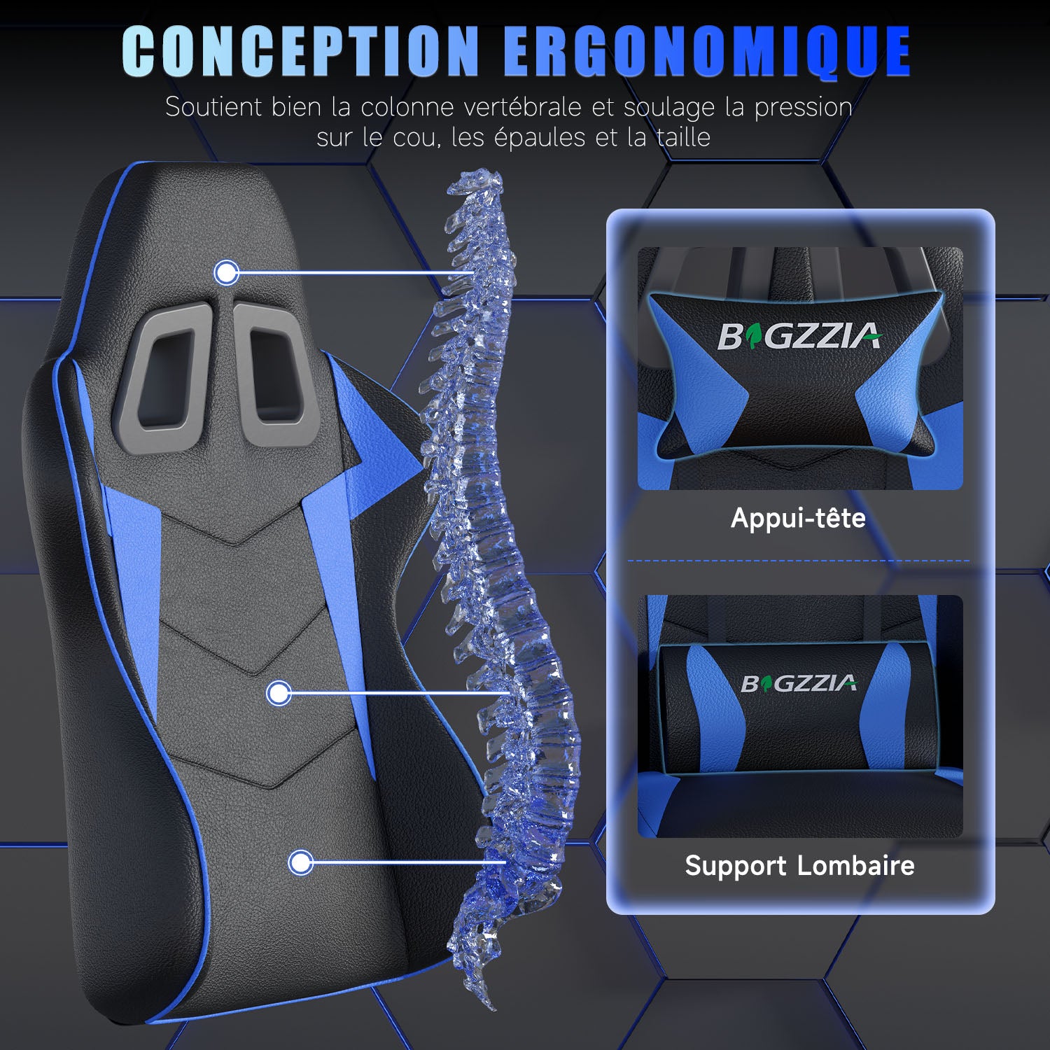 Chaise Gaming, Fauteuil Gamer, Siège de Bureau Réglable, Ergonomique, Appui-tête, Support Lombaire