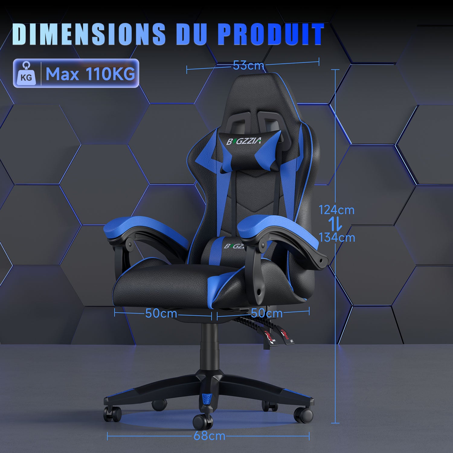 Chaise Gaming, Fauteuil Gamer, Siège de Bureau Réglable, Ergonomique, Appui-tête, Support Lombaire