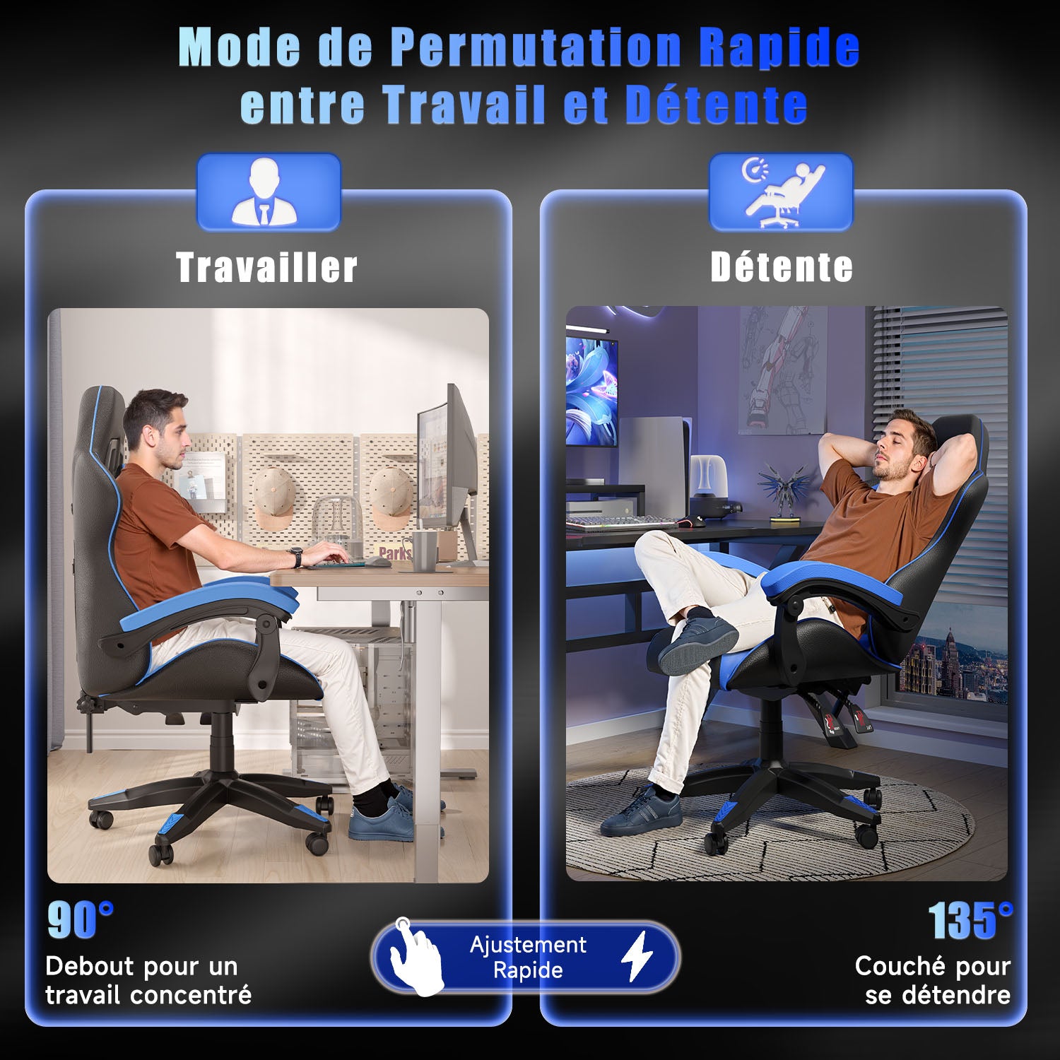 Chaise Gaming, Fauteuil Gamer, Siège de Bureau Réglable, Ergonomique, Appui-tête, Support Lombaire