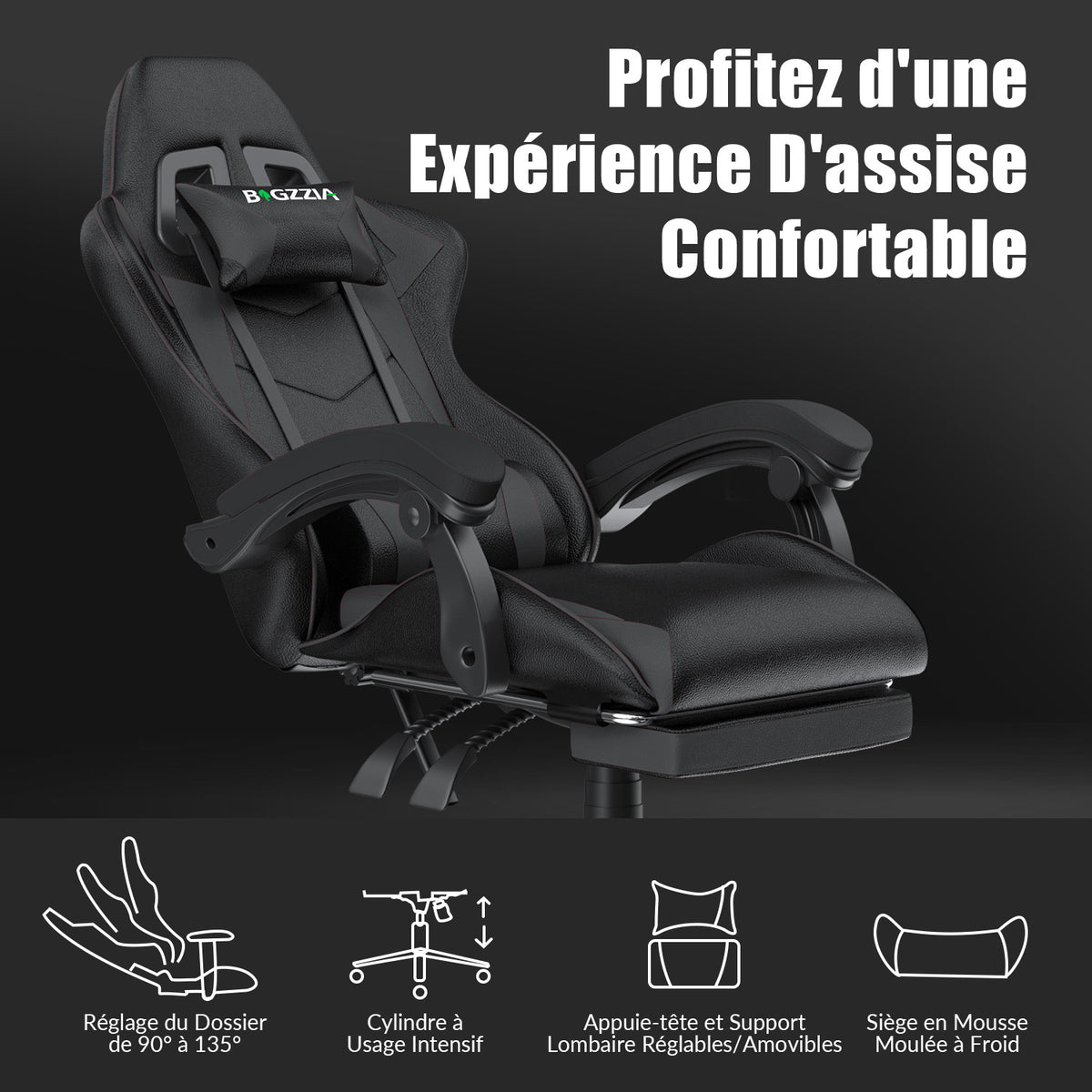 Fauteuil de Jeu Ergonomique, Pivotant et Inclinable à 135°, avec Appui-tête, Repose-pieds et Soutien Lombaire, Fauteuil de Bureau en Cuir PU