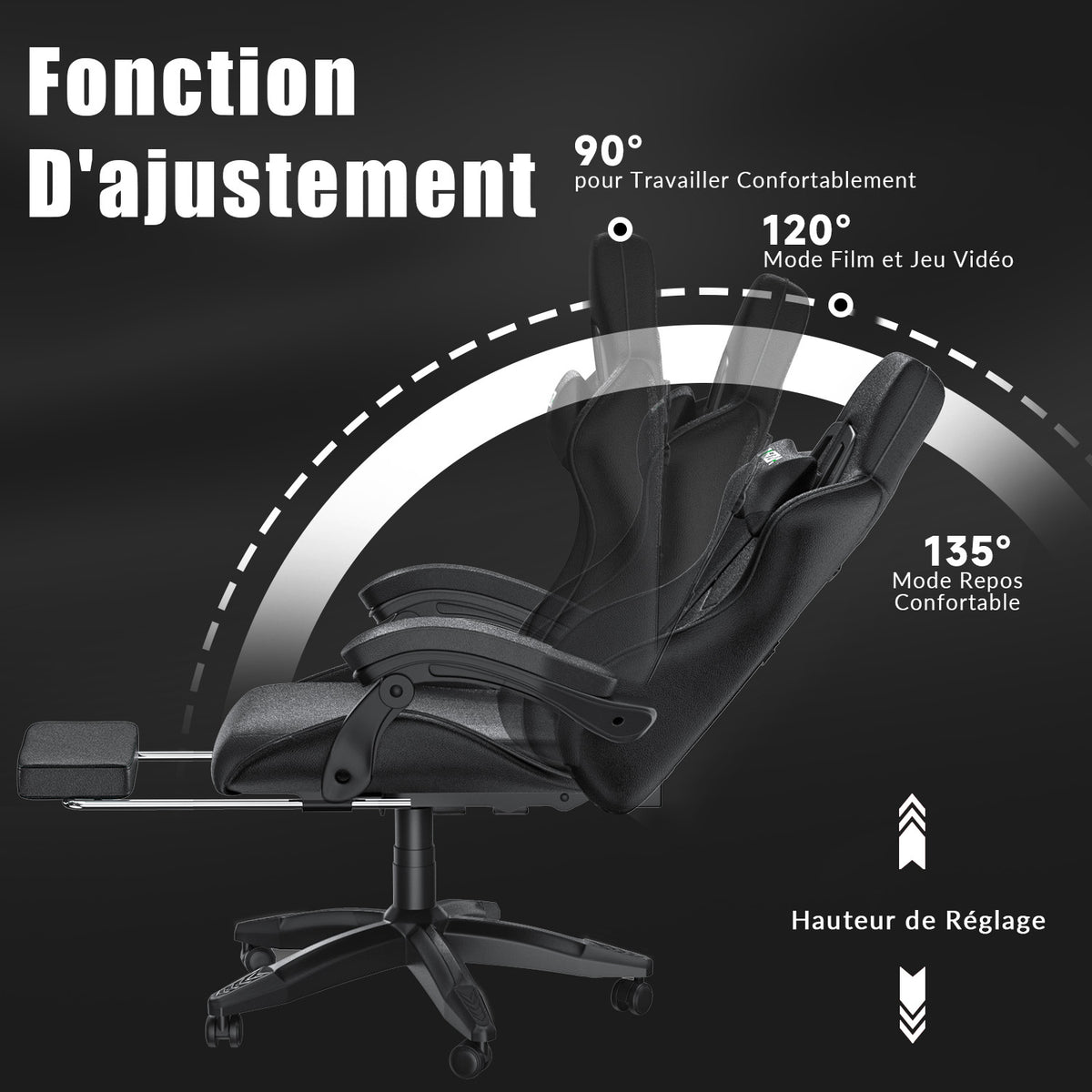 Fauteuil de Jeu Ergonomique, Pivotant et Inclinable à 135°, avec Appui-tête, Repose-pieds et Soutien Lombaire, Fauteuil de Bureau en Cuir PU