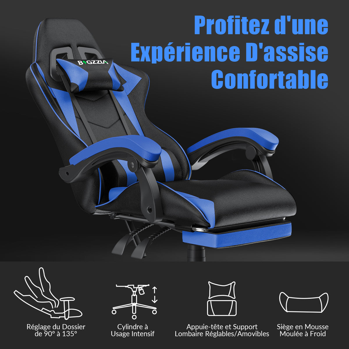 Fauteuil de Jeu Ergonomique, Pivotant et Inclinable à 135°, avec Appui-tête, Repose-pieds et Soutien Lombaire, Fauteuil de Bureau en Cuir PU