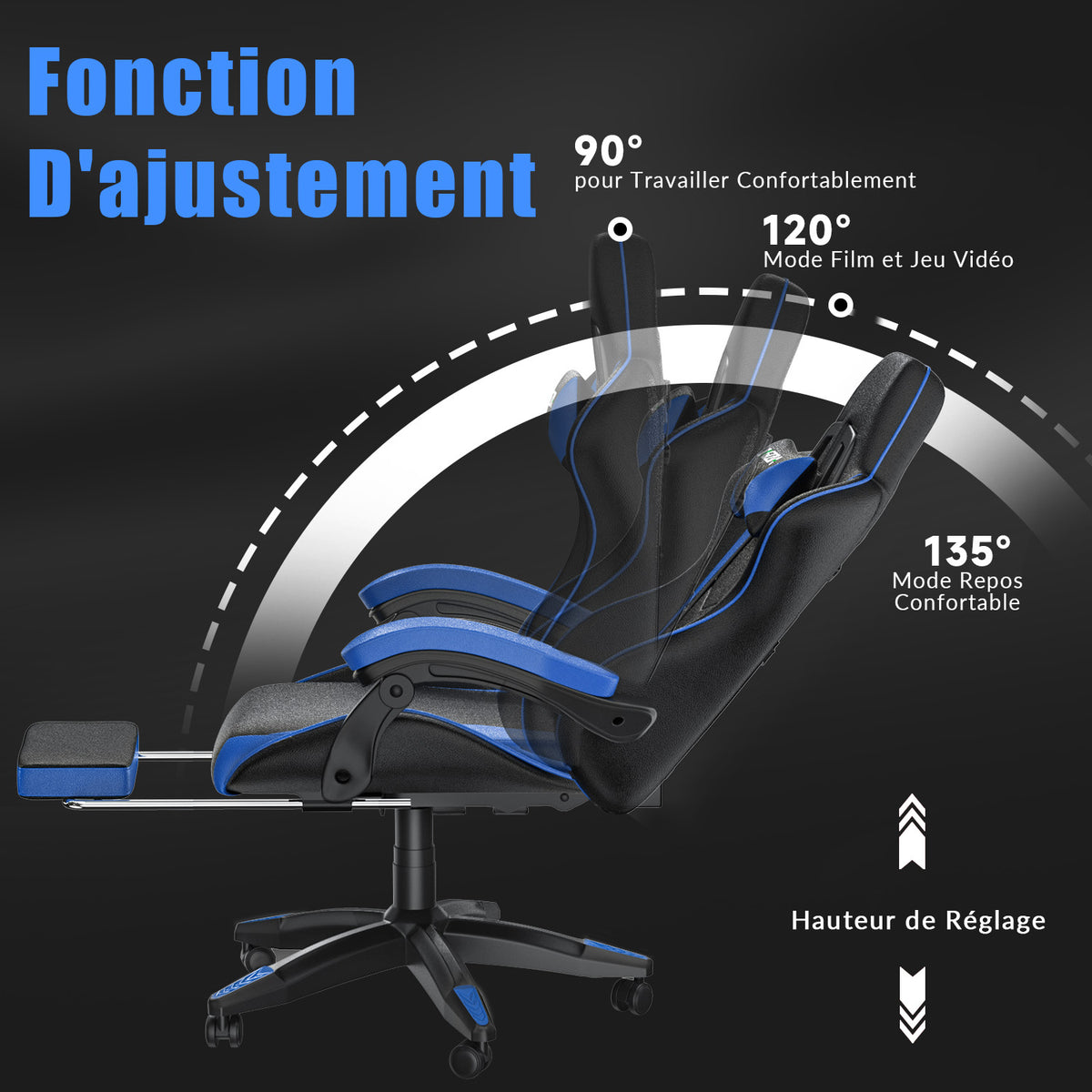 Fauteuil de Jeu Ergonomique, Pivotant et Inclinable à 135°, avec Appui-tête, Repose-pieds et Soutien Lombaire, Fauteuil de Bureau en Cuir PU