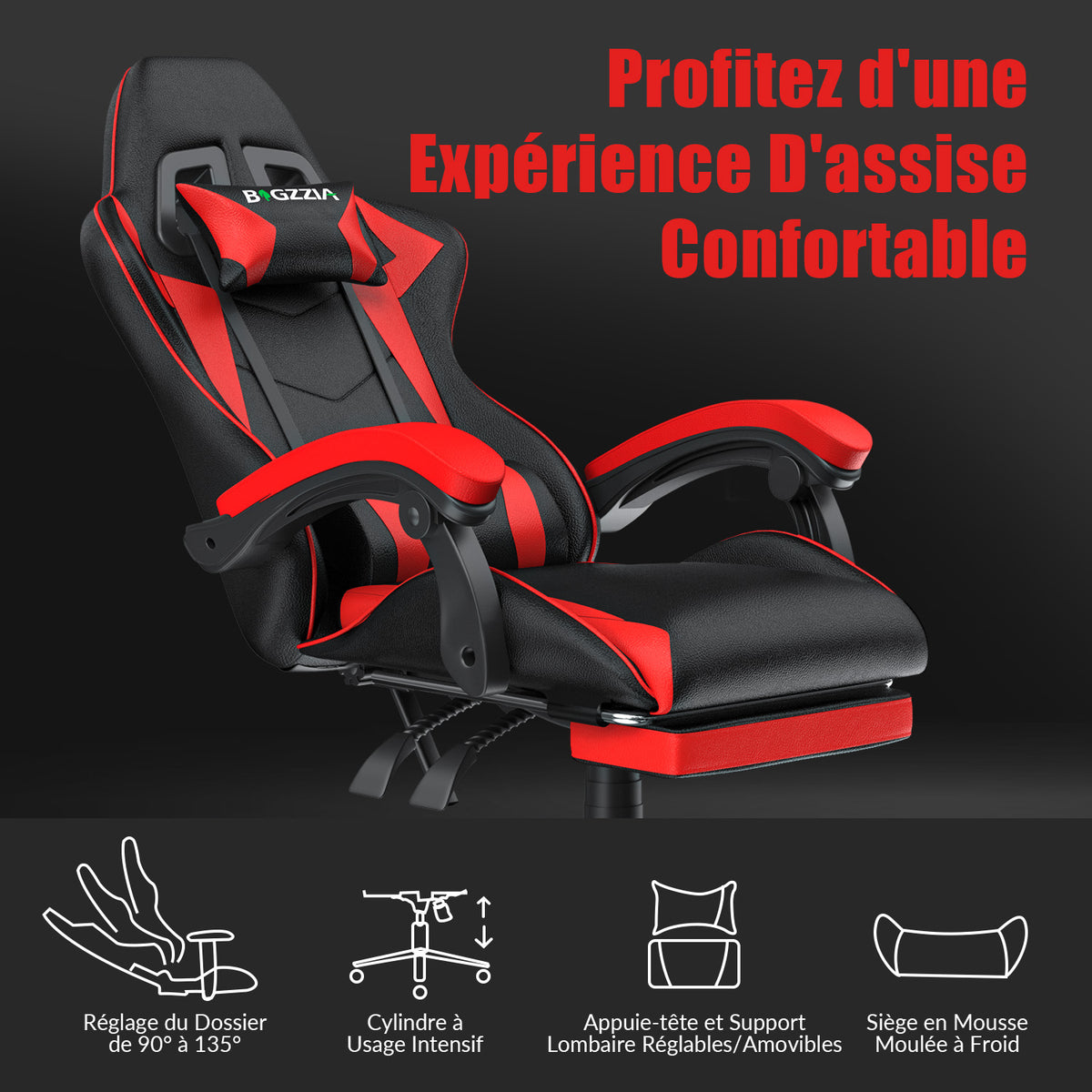 Fauteuil de Jeu Ergonomique, Pivotant et Inclinable à 135°, avec Appui-tête, Repose-pieds et Soutien Lombaire, Fauteuil de Bureau en Cuir PU