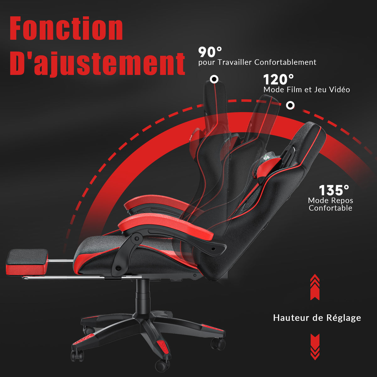 Fauteuil de Jeu Ergonomique, Pivotant et Inclinable à 135°, avec Appui-tête, Repose-pieds et Soutien Lombaire, Fauteuil de Bureau en Cuir PU