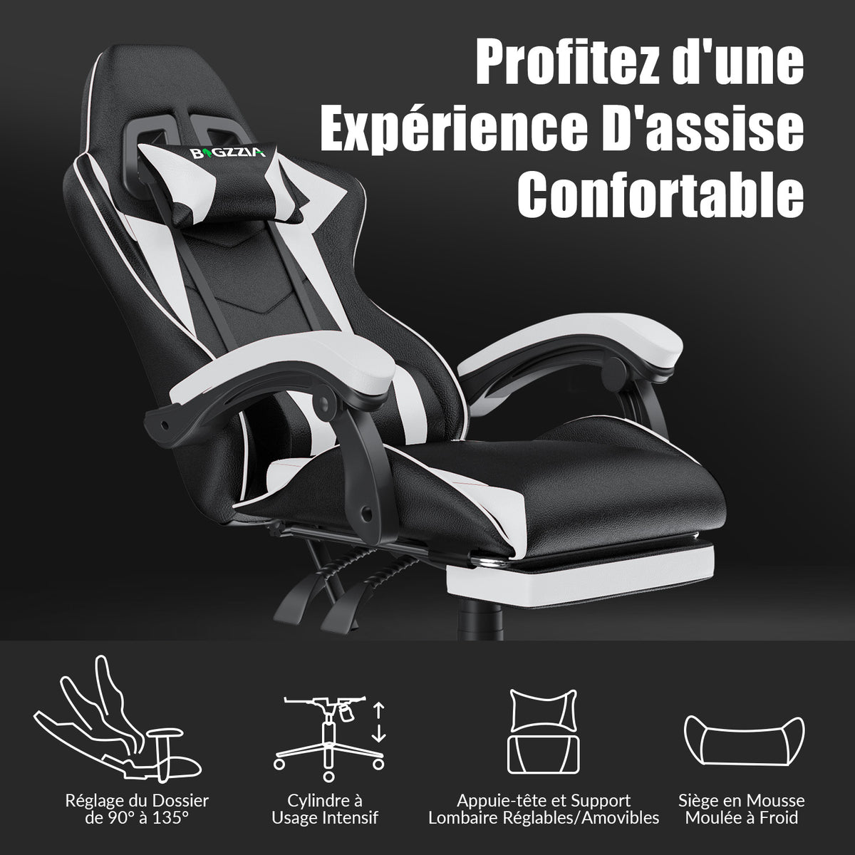 Fauteuil de Jeu Ergonomique, Pivotant et Inclinable à 135°, avec Appui-tête, Repose-pieds et Soutien Lombaire, Fauteuil de Bureau en Cuir PU