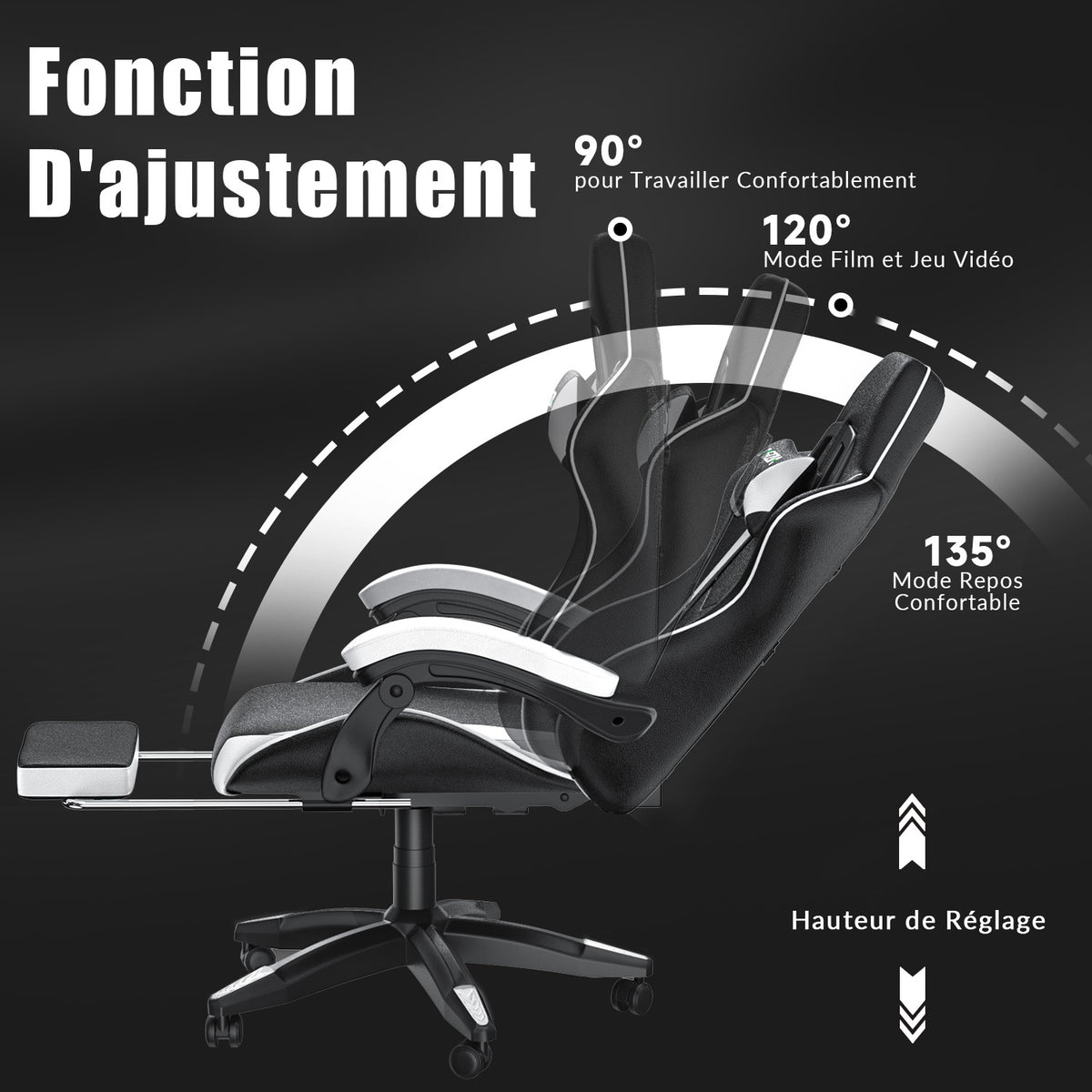 Fauteuil de Jeu Ergonomique, Pivotant et Inclinable à 135°, avec Appui-tête, Repose-pieds et Soutien Lombaire, Fauteuil de Bureau en Cuir PU