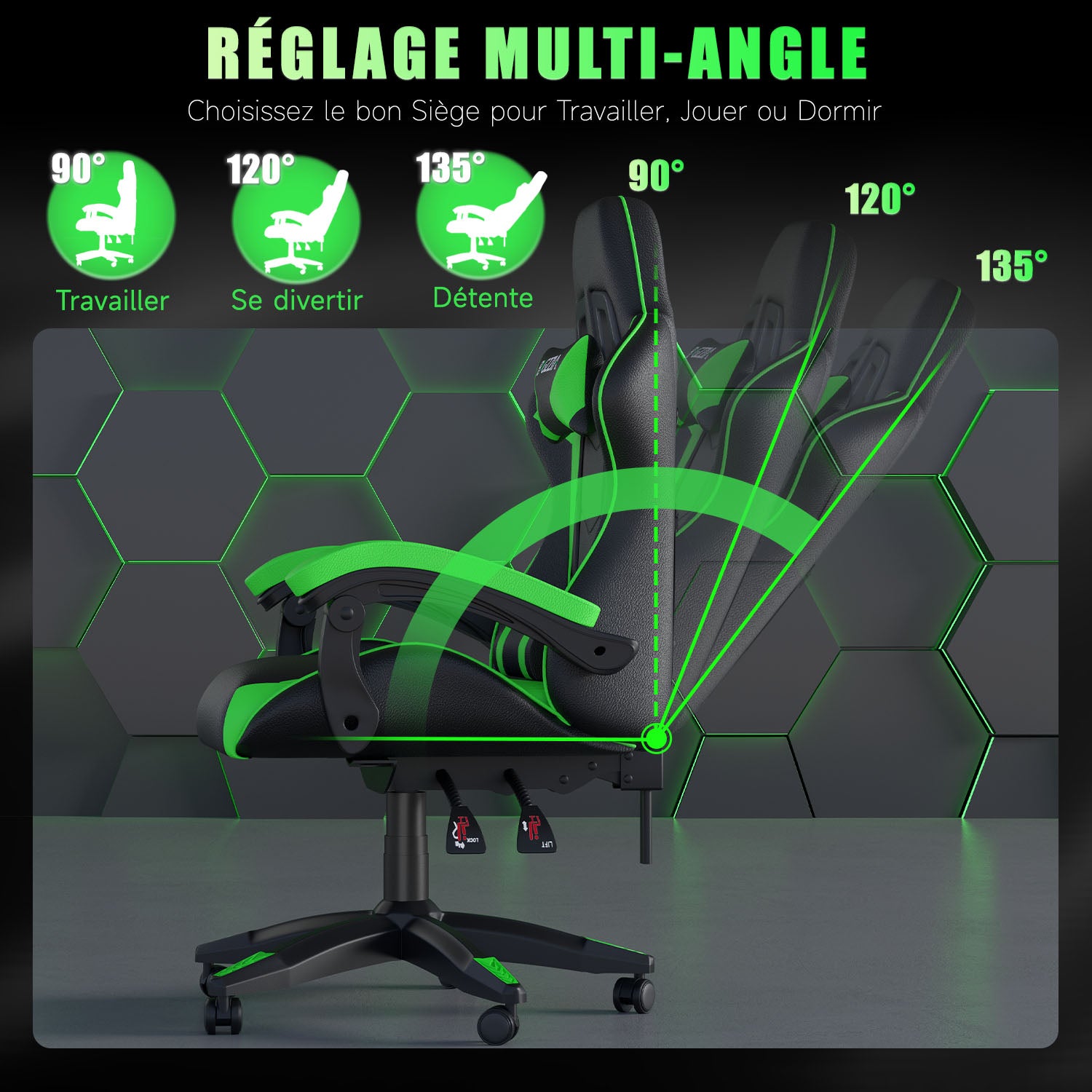 Chaise Gaming, Fauteuil Gamer, Siège de Bureau Réglable, Ergonomique, Appui-tête, Support Lombaire