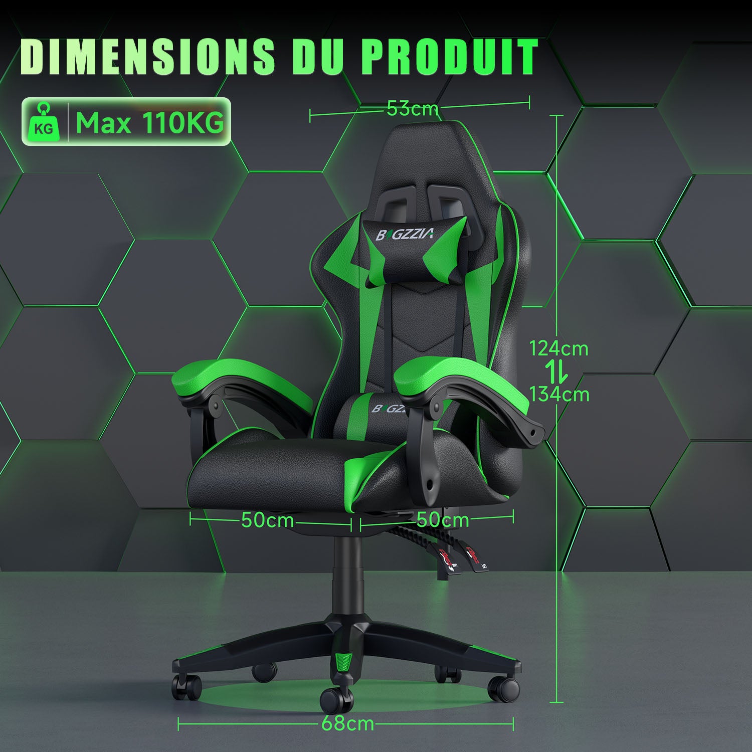 Chaise Gaming, Fauteuil Gamer, Siège de Bureau Réglable, Ergonomique, Appui-tête, Support Lombaire