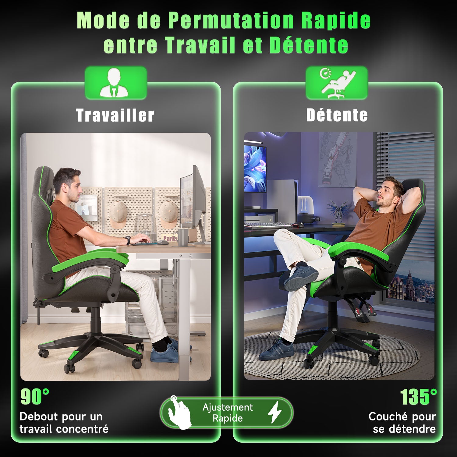 Chaise Gaming, Fauteuil Gamer, Siège de Bureau Réglable, Ergonomique, Appui-tête, Support Lombaire