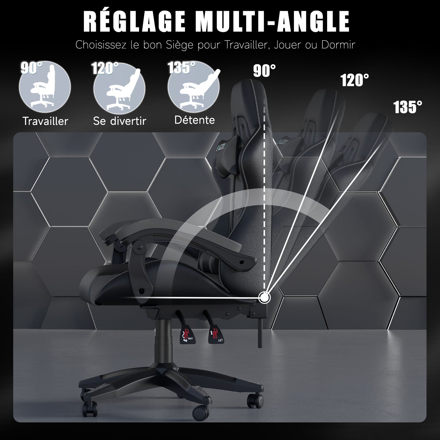 Chaise Gaming, Fauteuil Gamer, Siège de Bureau Réglable, Ergonomique, Appui-tête, Support Lombaire