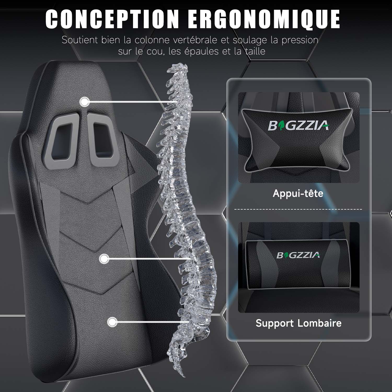 Chaise Gaming, Fauteuil Gamer, Siège de Bureau Réglable, Ergonomique, Appui-tête, Support Lombaire