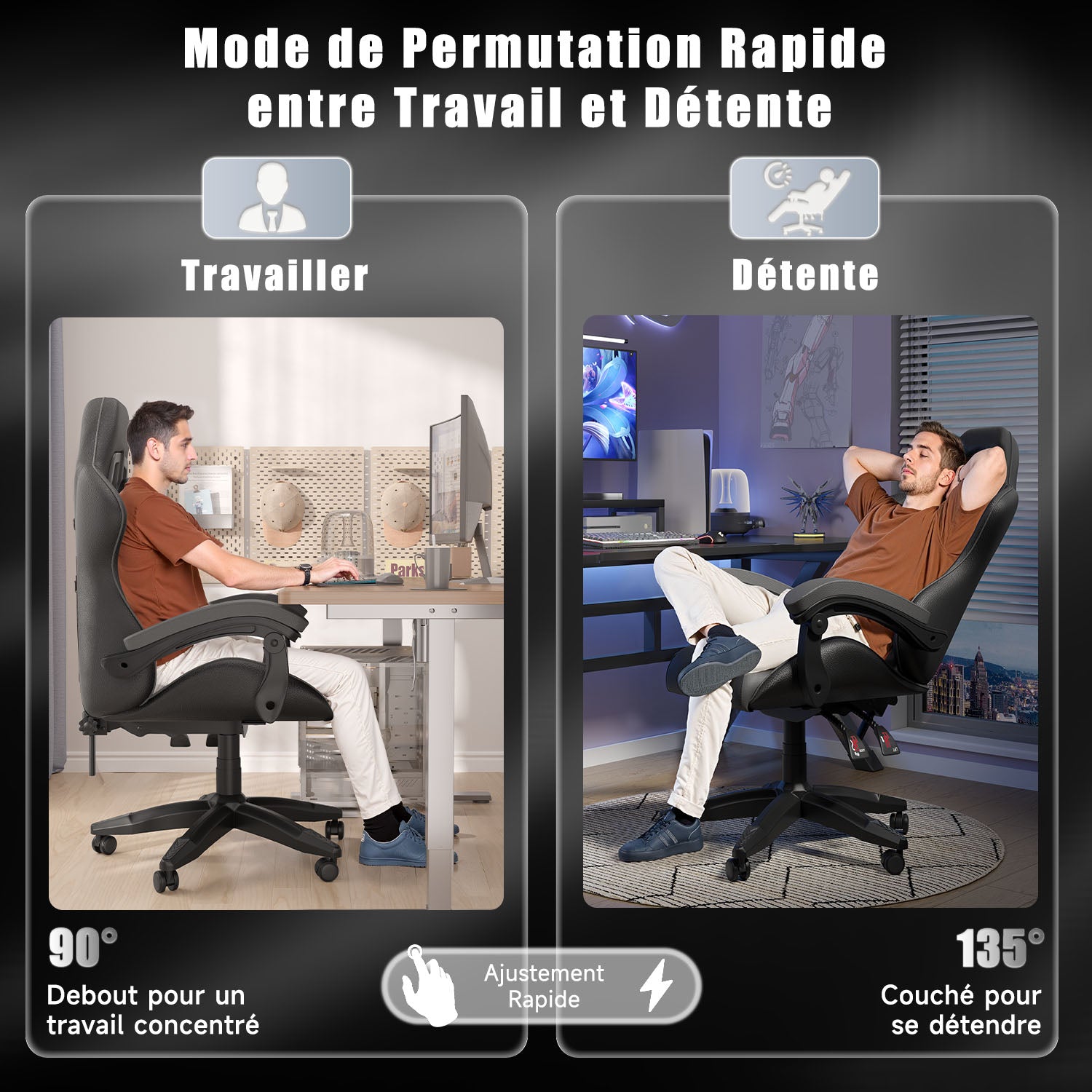 Chaise Gaming, Fauteuil Gamer, Siège de Bureau Réglable, Ergonomique, Appui-tête, Support Lombaire