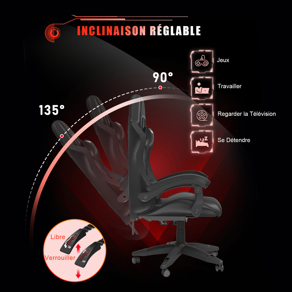 Chaise de jeu Ergonomique avec Lumières LED RVB, Inclinable, Appui-tête et Support Lombaire Style Course