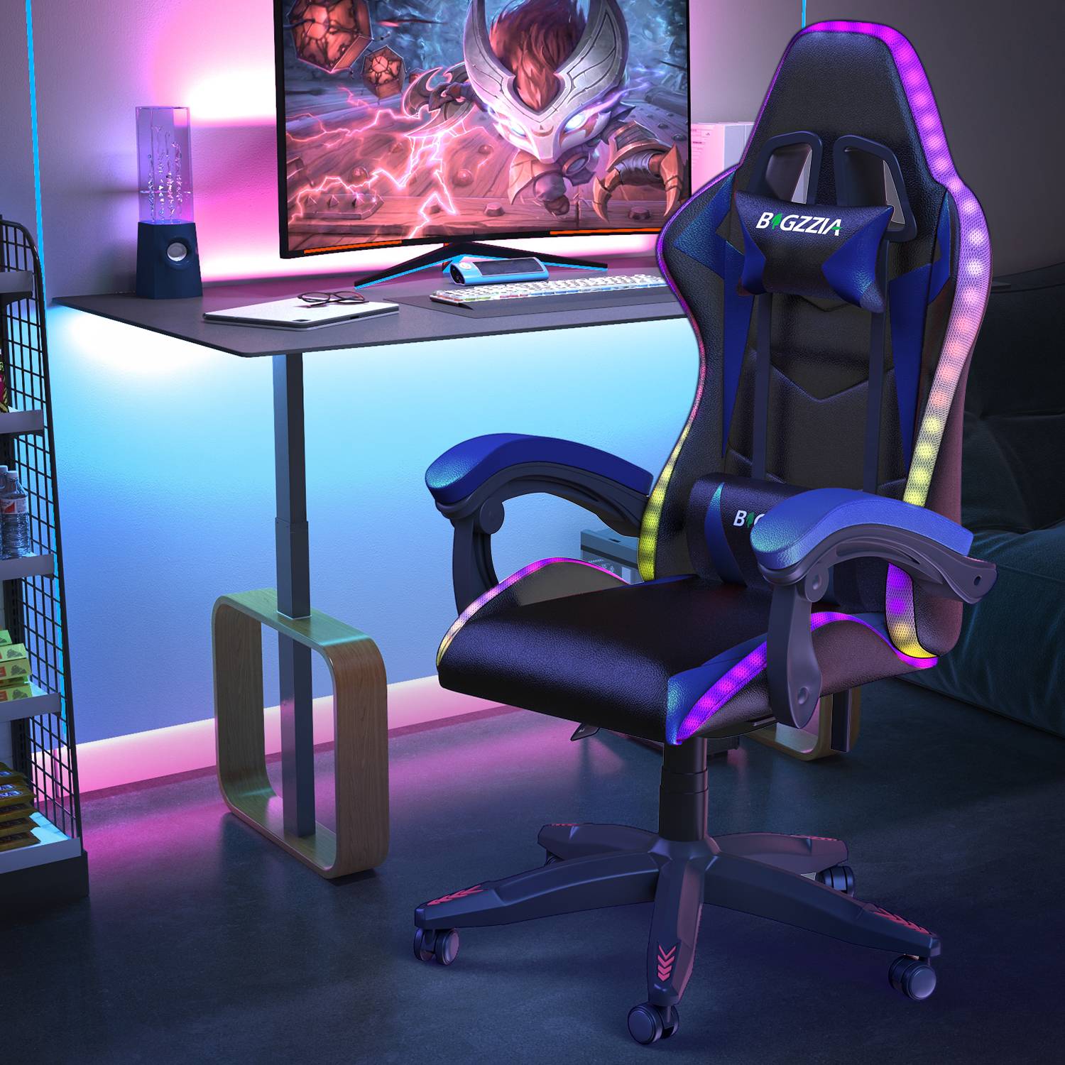 Chaise de jeu Ergonomique avec Lumières LED RVB, Inclinable, Appui-tête et Support Lombaire Style Course