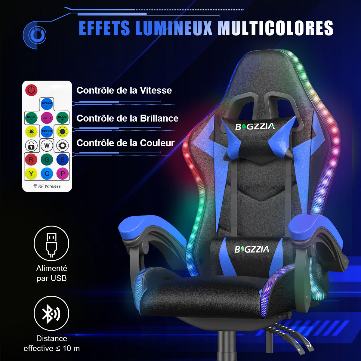 Chaise de jeu Ergonomique avec Lumières LED RVB, Inclinable, Appui-tête et Support Lombaire Style Course