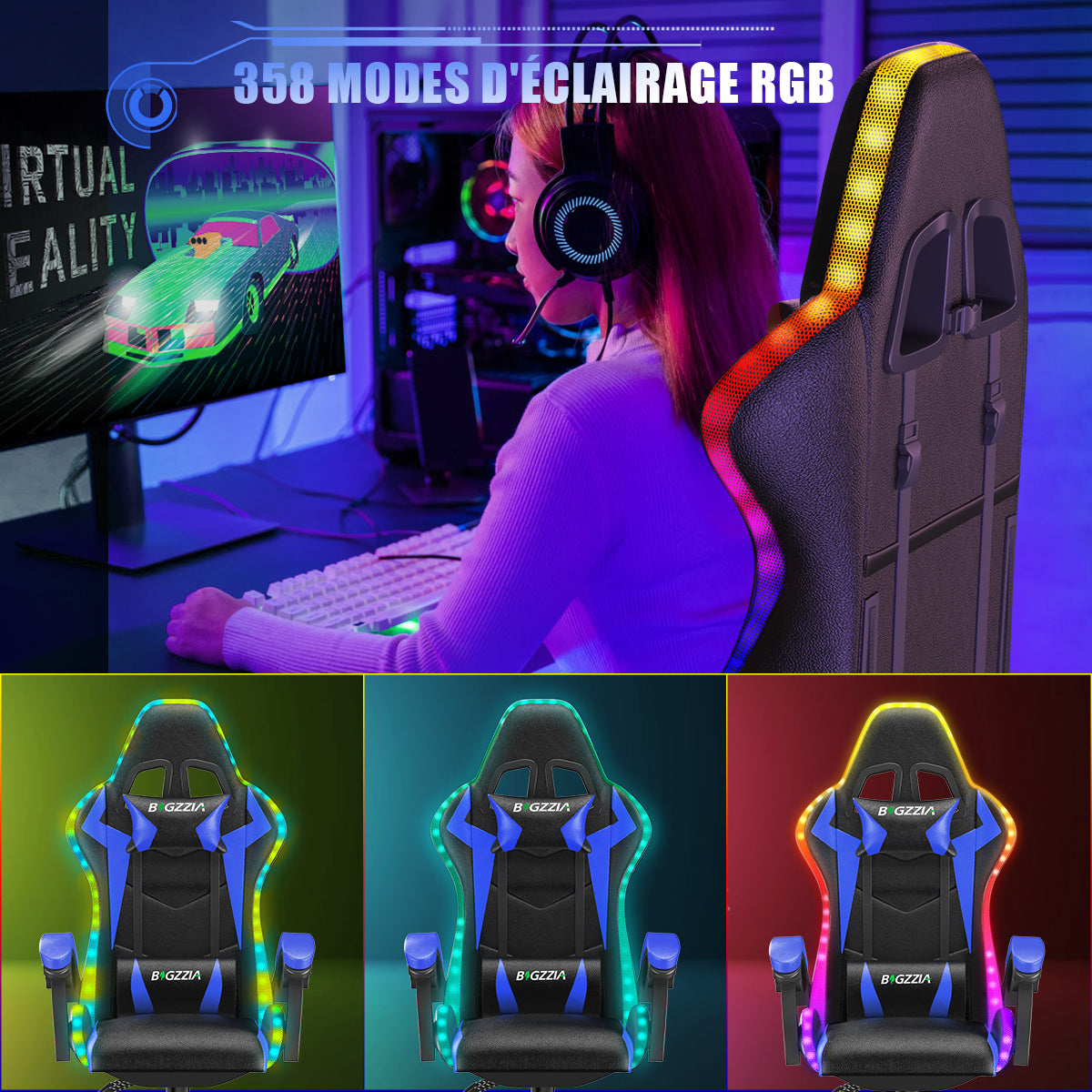 Chaise de jeu Ergonomique avec Lumières LED RVB, Inclinable, Appui-tête et Support Lombaire Style Course